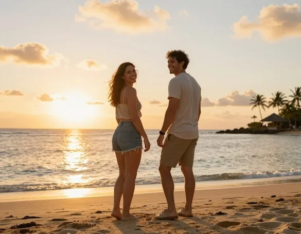 A couple on a beach at sunset, before the edit
