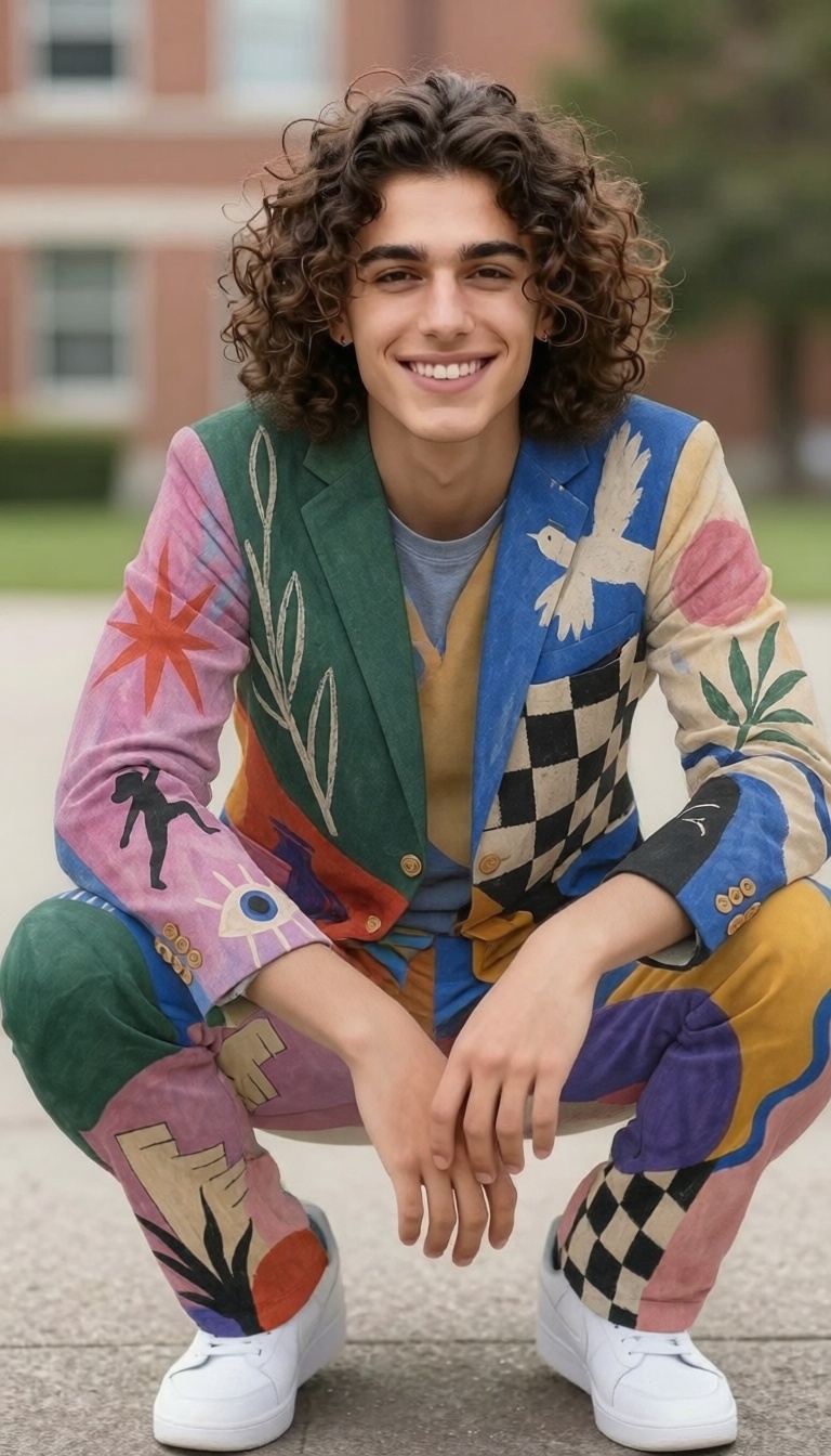 The same photograph with the person now wearing a hand-painted jacket and trousers