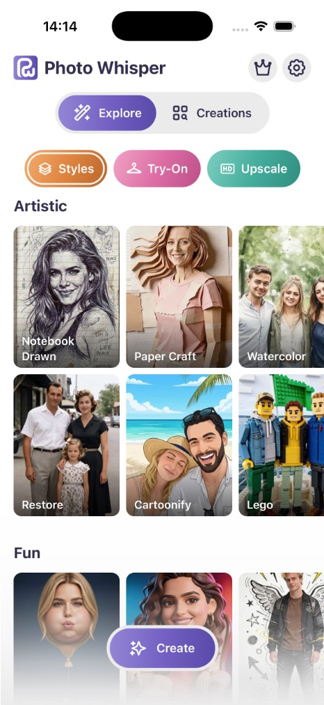 The Photo Whisper app, showing one-tap styles above a catalogue of templates